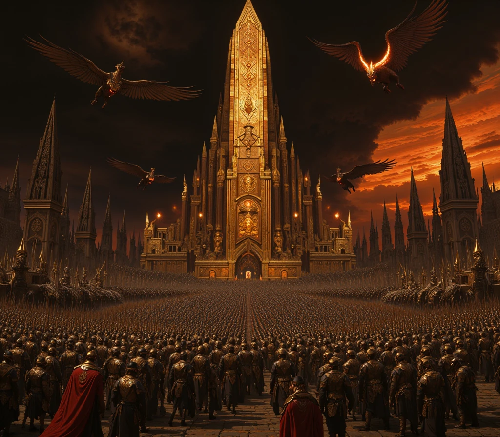 A vast and epic battlefield at twilight, illuminated by a fiery, apocalyptic sky streaked with crimson and gold hues. In the foreground, a menacing army of Rakshasas (demonic warriors) is arranged in a grand formation. The Rakshasas have hulking, muscular forms with dark, ash-colored skin, glowing red eyes, and fanged mouths. They are adorned in ornate dark golden armor etched with intricate carvings of ancient Lankan symbols and fiery gemstones. Each Rakshasa wields massive, glowing weapons—spiked maces, tridents, and jagged swords emanating infernal energy.

The second line features towering war elephants clad in heavy black and red armor, their tusks tipped with flames. Each elephant is ridden by Rakshasa generals wearing flowing black and crimson battle robes and wielding spears enchanted with glowing runes. Above them, demonic vultures with glowing eyes and enormous wingspans circle ominously, alongside airborne chariots pulled by fire-breathing demonic steeds, casting dark, elongated shadows across the battlefield.

At the center of the composition, Ravana’s grand golden chariot dominates the scene. The chariot is intricately carved with ancient Lankan mythology and pulled by massive, roaring demonic lions with flaming manes. Ravana himself stands tall, a godlike figure with his ten heads crowned with jeweled diadems, each head reflecting a different emotion—anger, cunning, determination, arrogance, and more. His fiery gaze pierces through the chaos as he raises a glowing, celestial weapon in one hand, commanding his forces with authority. Surrounding him are his elite Rakshasa guards, arranged in a protective circle, their magical shields shimmering with otherworldly energy.

In the background, the golden spires of Lanka rise in the distance, partially obscured by smoke and flames. The city appears both majestic and menacing, with its towers decorated with intricate carvings of mythical creatures and demonic faces. The sky above is filled with swirling clouds