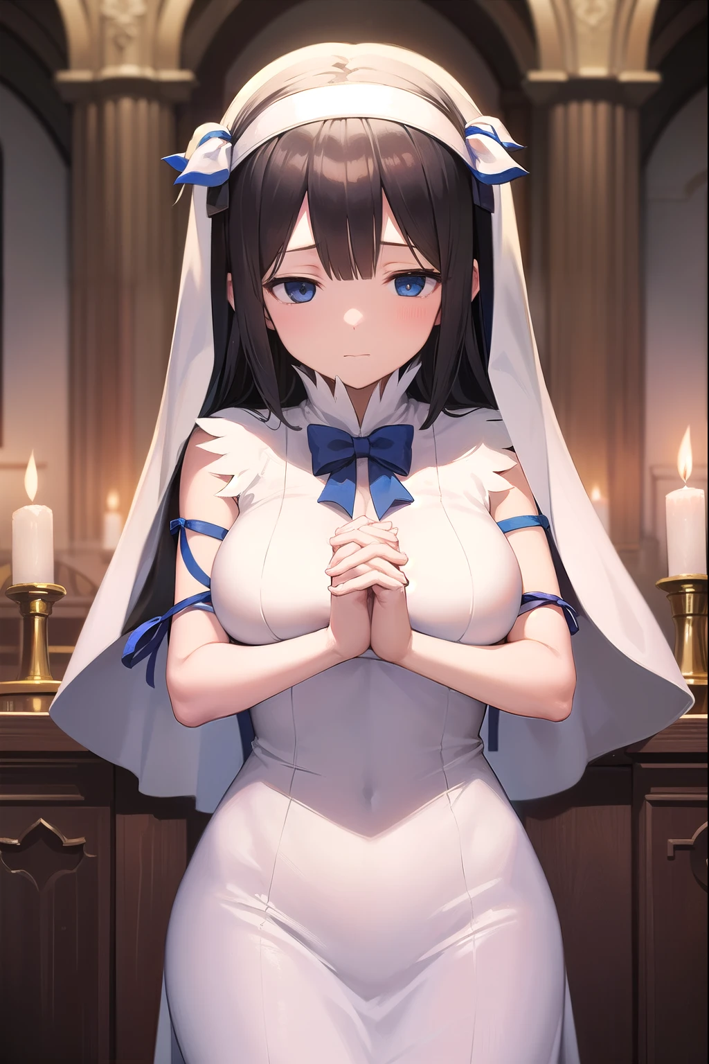 danmachi Hestia,  Hestia, praying, in the room,one girl praying, own hands clasped,((empty eyes)),((simple eyes)),priest,own hands together,nun