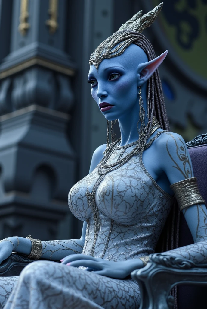 avatar woman, aoa, na'vi, blue skin, standing, tall, wearing a black dress, posing sexy, indoors,ballroom, evening, looking at camera, <lora:AllOutNa'vi_V1:.8>,