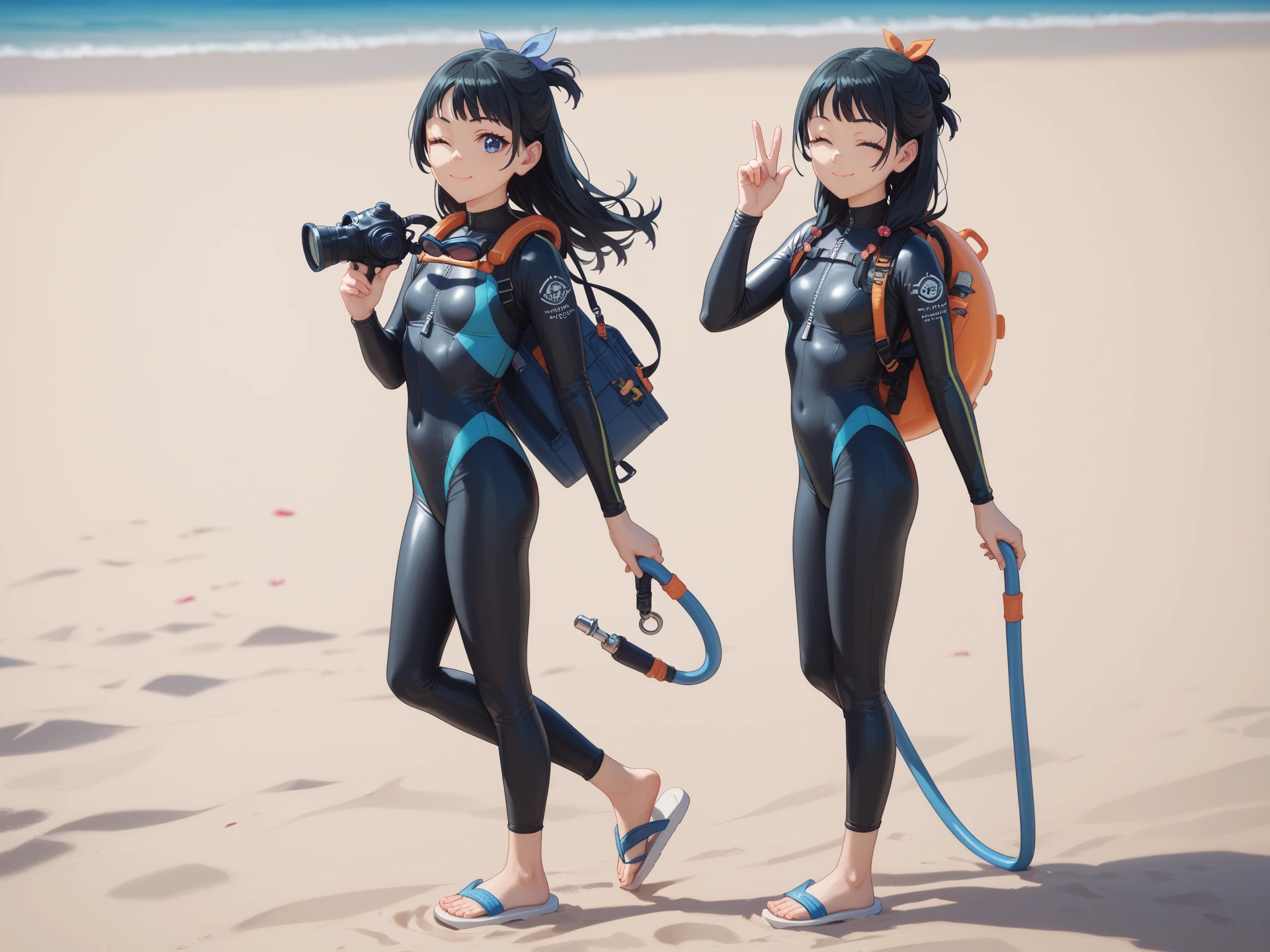 1girl, beach, (black wetsuit), Diving mask with snorkel, flippers, High Resolution, High Quality, long Hair, small breasts, Smile, black hair, blue eyes, standing, looking at viewer, closed mouth, one eye closed, Hair Ornament, Ribbon, From Side, Masterpiece, Accurate, Best Quality, Anatomically Correct, Cinematic Lighting, Anime, Full Body, Full length picture.