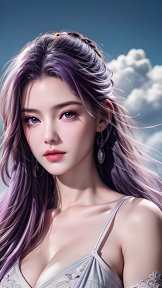  Best Quality , masterpiece, Large target , (Big breasts), Delicate skin texture ,  detailed fabric texture ,  exquisite face ,  Super detailed , 8K,  Detailed ,  1 girl, 30 years old, High contrast with clouds ,  high resolution eyes ,  Purple Haired Girl ， upper body，Domineering。