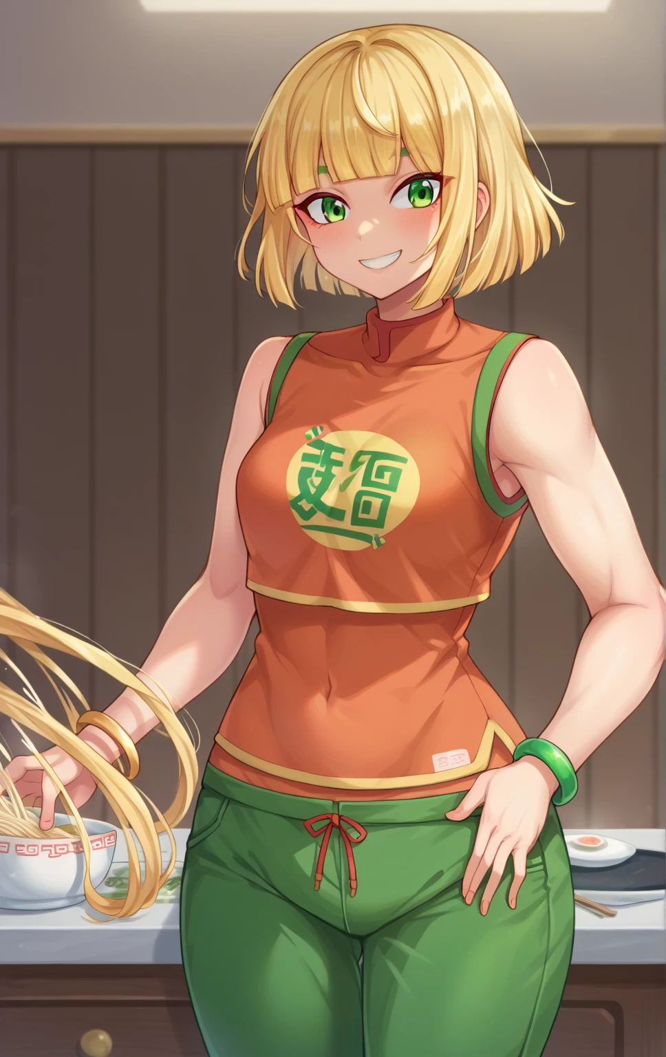 score_9,score_8_up,score_7_up BREAK MinMinSDXL,1girl,short hair,blonde hair, narutomaki,bracelet,green eyes,pants,blunt bangs,orange tanktop,noodles,cowboy shot,room,room background, orange tanktop, green pants, crop top, sleeveless, smile, hands on hips 