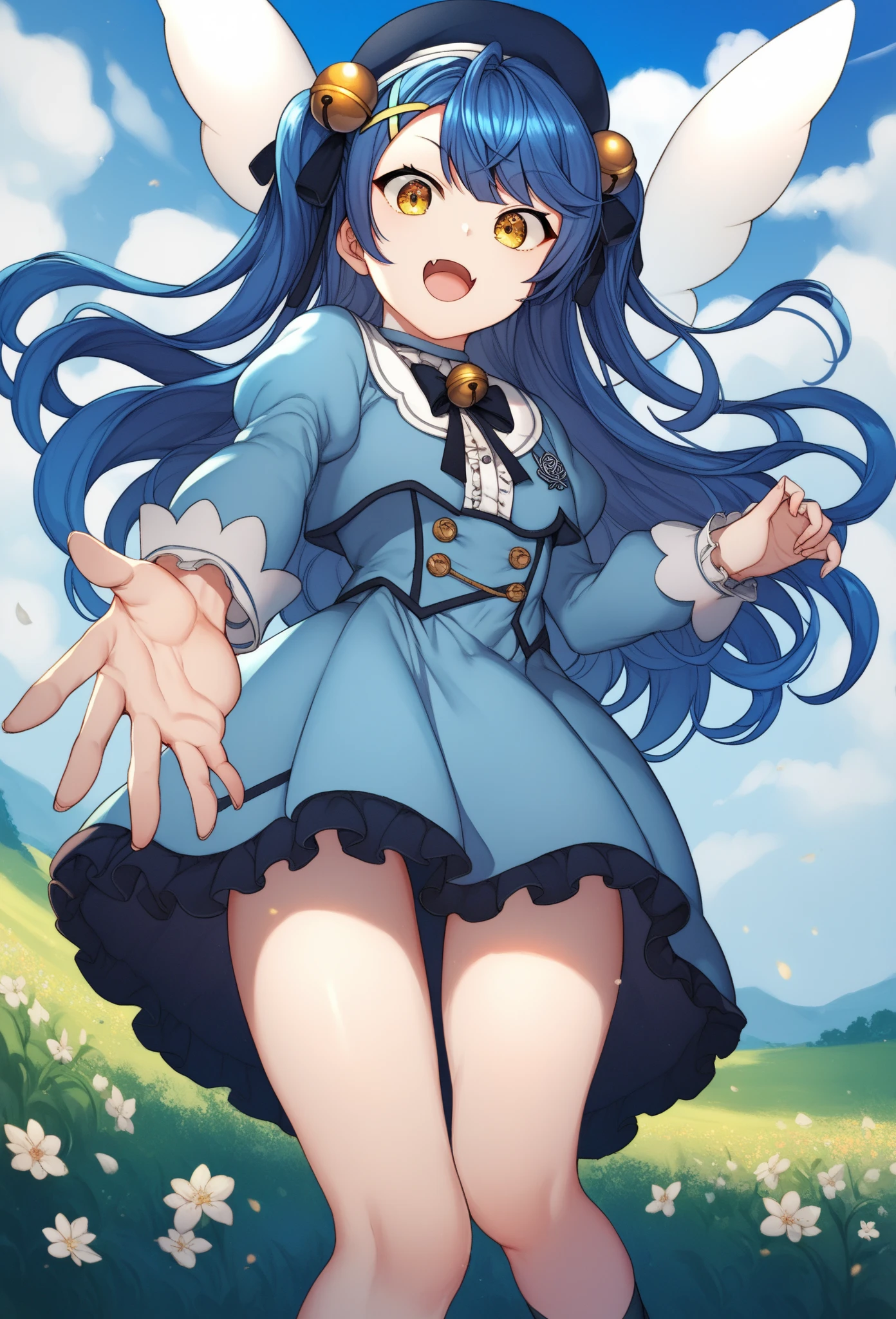 score_9, score_8_up, score_7_up, score_6_up, score_5_up, score_4_up, source_anime, akokoro, ribbon, hair bell, x hair ornament, two side up, skin fang, beret, dress, blue dress, long sleeves, jingle bell, wings, flower field, perspective, outstretched arm, fisheye