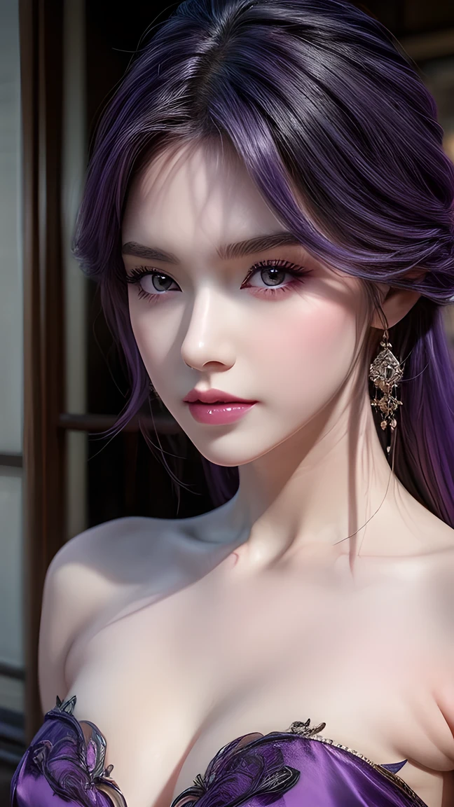  Best Quality , masterpiece, Large target , (Big breasts), Delicate skin texture ,  detailed fabric texture ,  exquisite face ,  Super detailed , 8K,  Detailed ,  1 girl, 30 years old,  with a window in high contrast ,  high resolution eyes ,  Purple Haired Girl ， upper body，Domineering。