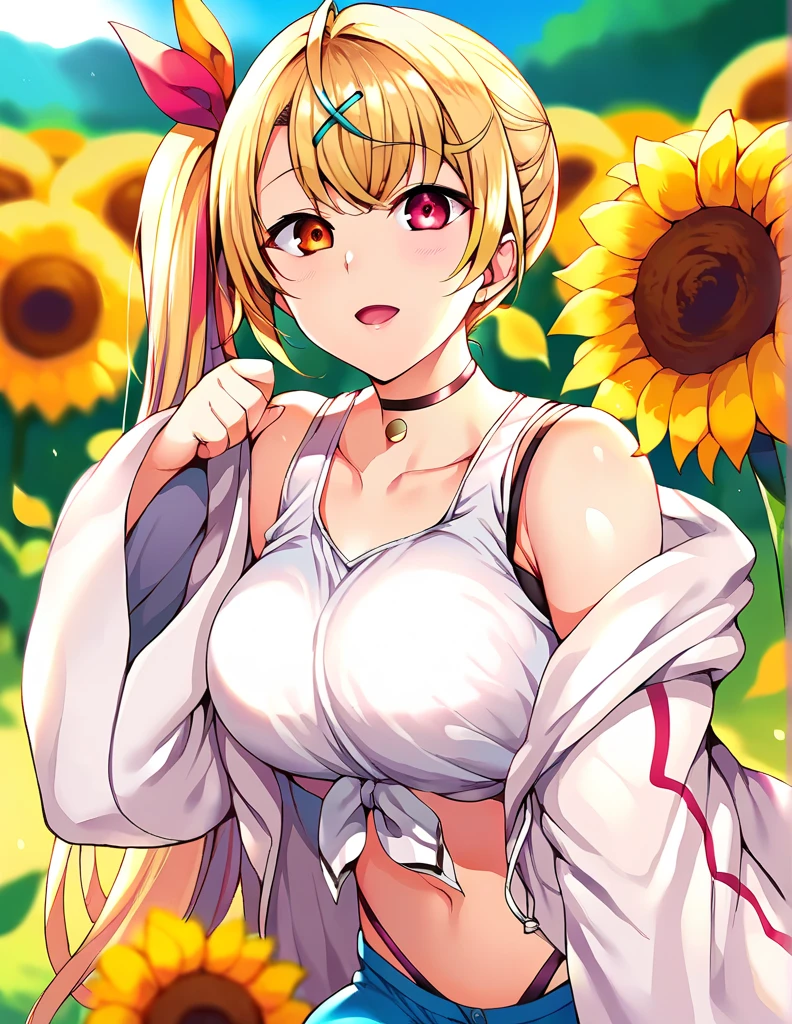 score_9, score_8_up, score_7_up, source_anime,
cinematic, dramatic, blurry background, depth of field, 
1girl, solo,  talking to vewer, cheerful, smile, parted lips,  looking at viewer, dynamic pose, 
outdoors, in flower field, sunflower,  petals,
 hskwsr, very long hair, blonde hair, side ponytail, bangs, hair ribbon,ahoge, x hair ornament, heterochromia, red eyes, orange eyes, large breasts,
default outfit, white  tank top,  front-tie top, bare shoulders, white  jacket, wide sleeves, open jacket, sleeves past fingers, blue shorts,  navel, midriff, collarbone, choker,  highleg panties,