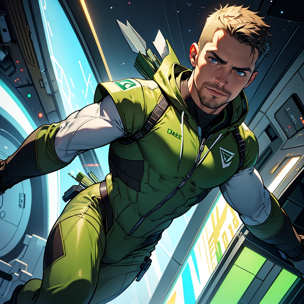 32k,masterpiece, best quality, detailed face, natural eyes,1man, solo mature man,hunk  and mature, stephen amell as an astronaut wearing future space suit, dark green suit, showing large pectorals , thin waist  and a bulge ,floating in the space inside a space shuttle , ((( "arrow" text and logo on his suit ))),  full body, intricate Detailed background 