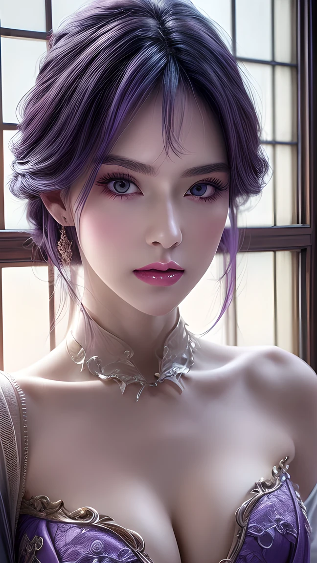  Best Quality , masterpiece, Large target , (Big breasts), Delicate skin texture ,  detailed fabric texture ,  exquisite face ,  Super detailed , 8K,  Detailed ,  1 girl, 30 years old,  with a window in high contrast ,  high resolution eyes ,  Purple Haired Girl ， upper body