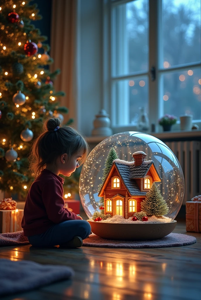 Extremely realistic photograph of a little girl with ash blonde hair WEARING SHOES, , PUTING UP THE CHRISTMAS TREE ALL LIT UP WITH FAIRY LIGHTS IN A SITTING ROOM WITH INDIGO CURTAINS, EMPTY SPACE UNDER THE TREE, NO GIFTS, NO GIFTS, 3d image STYLE OF Steven Gessell photography, ,Carne Griffiths STYLE, photography mixed media art background HDRI.