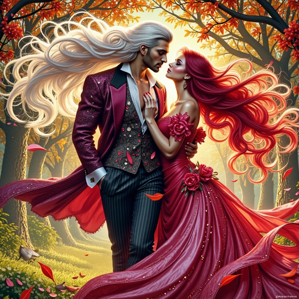 64k glossing vibrant colorful Full-length hyperrealistic digital art. full-body handsome sexy 30-year-strong muscular graceful powerful man with white long hair in spring park walk and press to kiss a sexy girl with red flowing hairs in contrastcolor Victoriansatin outfit made of satin. leaves covers the trees. textural, voluminous, vivid light best colors,massive jewelry. Dynamic. passionate, sexy, Love, tenderness. Flowing hair. textural. correct proportions of anatomy. correct hands. Model beautiful faces. Against the background is a perspective detailed Victorian park, a fabulous atmosphere. Background - watercolor blurred colors.illuminating branches in warm sunlight.