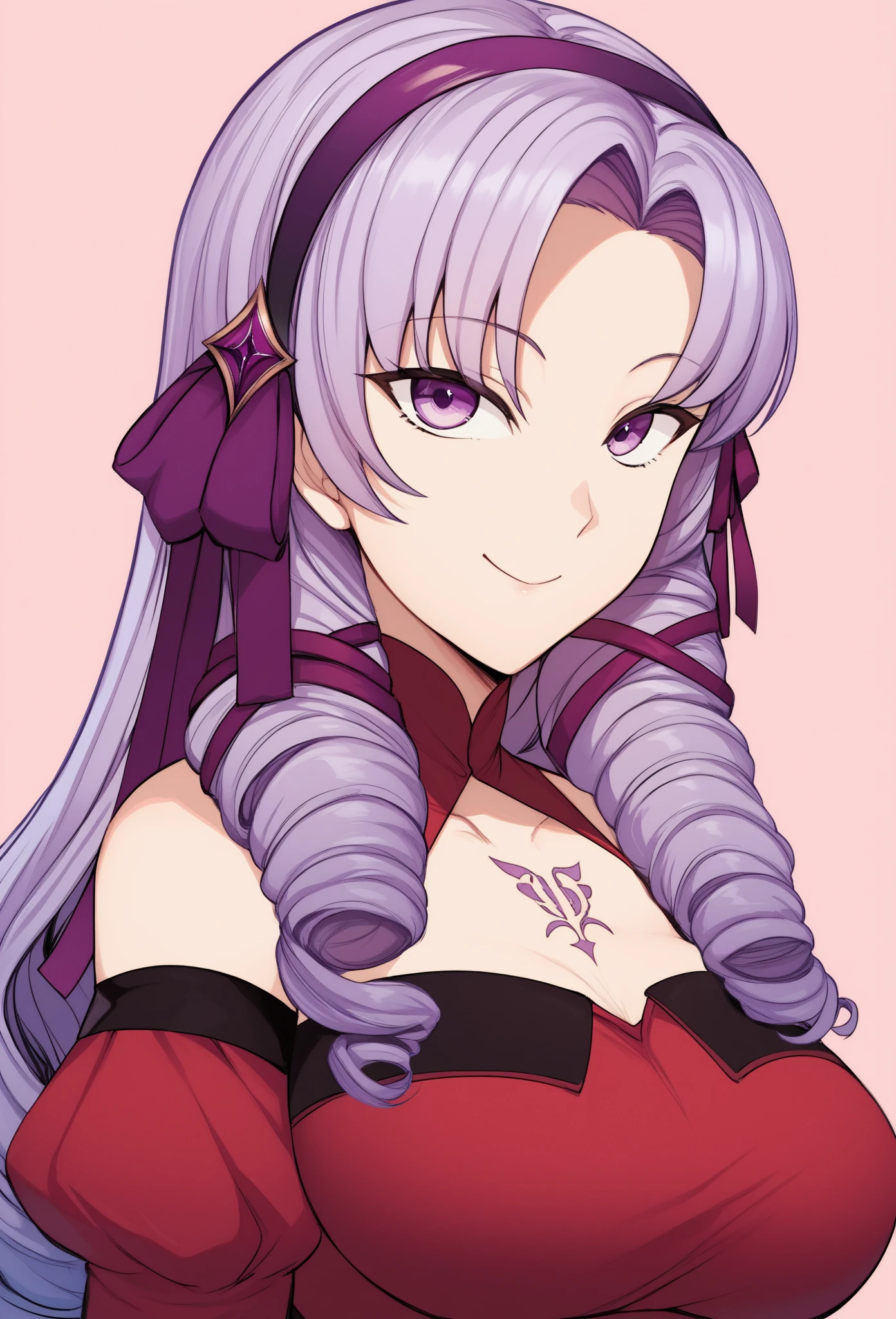 score_9, score_8_up, score_7_up, source_anime, hs1, purple eyes, bangs, parted bangs, purple hair, light purple hair, long hair, drill hair, tattoo, chest tattoo, ribbon, hair ribbon, purple ribbon, hairband, bare shoulders, dress, red dress, long sleeves, juliet sleeves, smile, happy, closed mouth, large breasts, looking at viewer, simple background, pink background