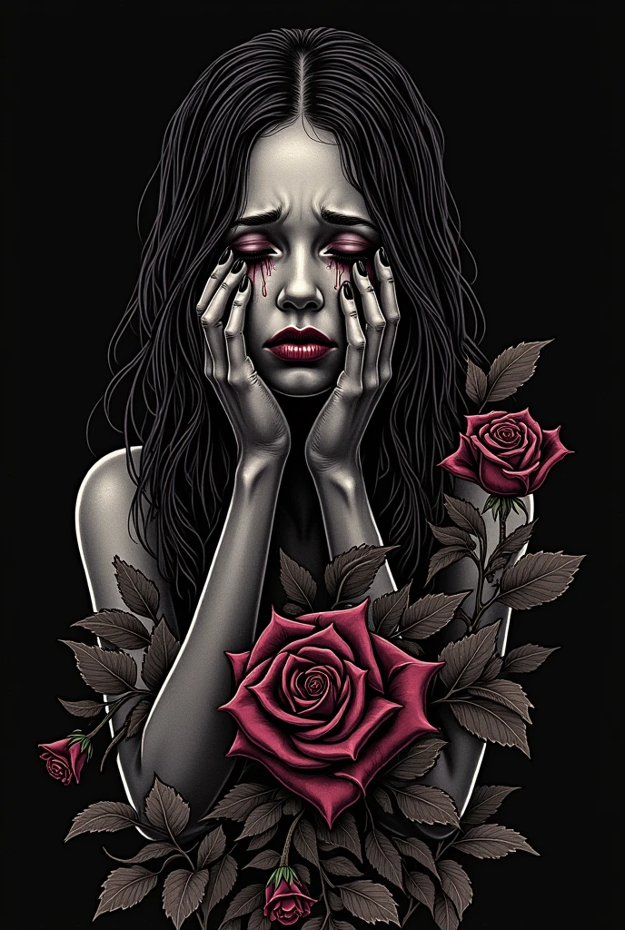 Draw a realistic girl, who is sitting near a wall and crying. She has long golden wavy hair, The mascara was running. In her hands she holds a bloody broken heart. She is wearing a black top, a black skirt and tights with a large mesh. She is wearing massive black boots with a thick sole. On the girl's right forearm there is a tattoo of an astronaut
