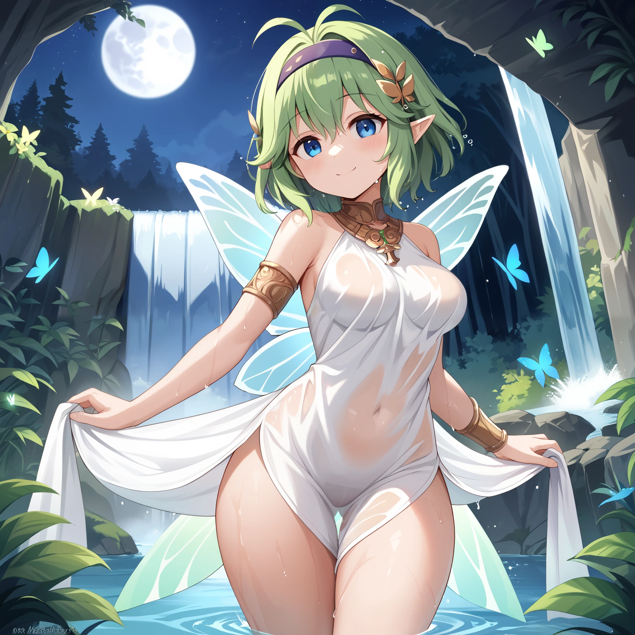 score_9, score_8_up

(masterpiece), best quality, expressive eyes, perfect face, perfect thighs, perfect anatomy, perfect breasts, perfect eyes, medium breasts, perfect thighs, perfect hips,

ninoss, blue eyes, green hair, short hair, antenna hair, purple hairband, hair ornament, greek clotches, greek goddess, white tunic, see-through, waterfall, behind waterfall, inside waterfall, wet clothes, inside water, smile, blush, moon, night sky, butterflies, forest, flowers,   fairy wings,