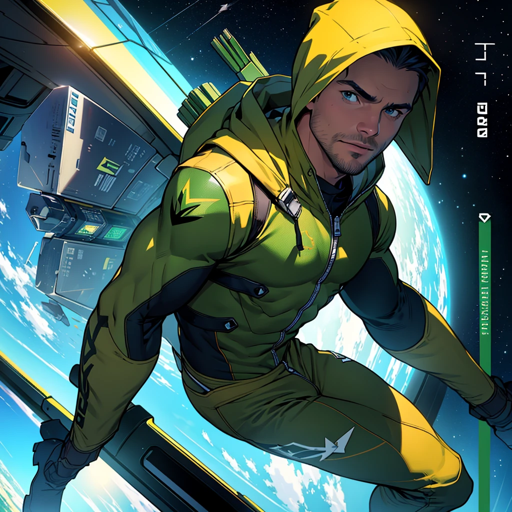 32k,masterpiece, best quality, detailed face, natural eyes,1man, solo mature man,hunk  and mature, stephen amell as an astronaut wearing future space suit, dark green suit, showing large pectorals , thin waist  and a bulge ,floating with spread arms and legs  in the space inside a space shuttle , ((( "arrow" text and logo on his suit ))),  full body, intricate Detailed background 