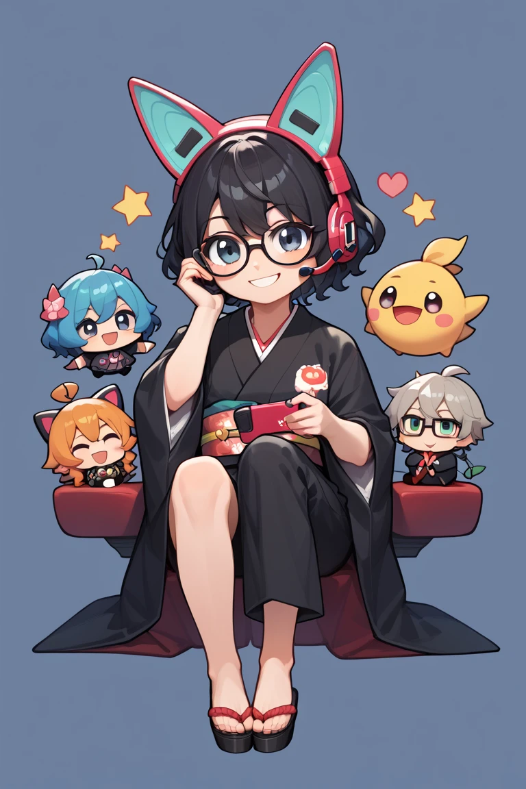 Japanese boy wearing black suit and Japanese girl wearing black Japanese-kimono, one person, black wavy hair, semi-short hair, wearing glasses, Front facing, gaming headset, full body image, icon, smiling, chibi, kawaii