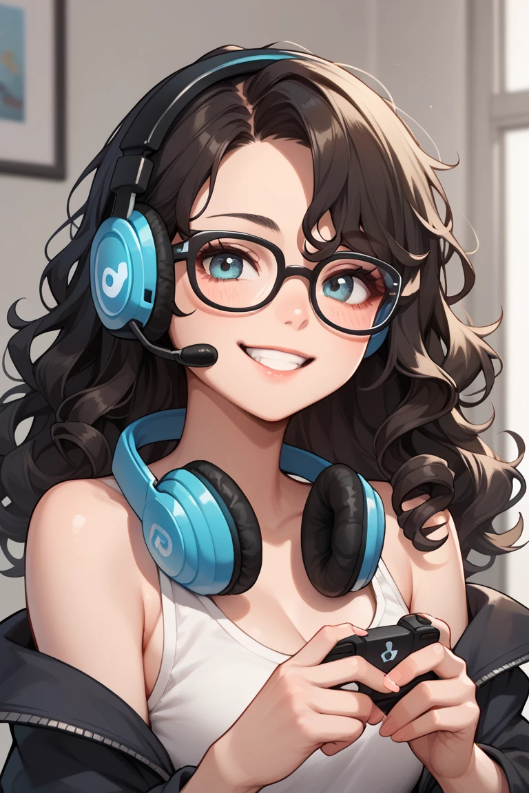 Japanese woman's face, black curly hair, medium long hair, glasses, smile, gaming headset, icon