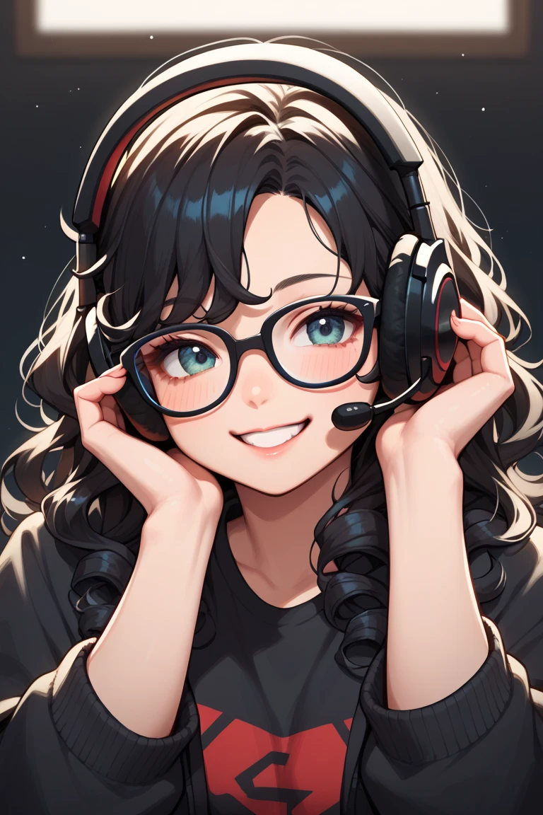 Japanese woman's face, black curly hair, medium long hair, glasses, smile, gaming headset, icon