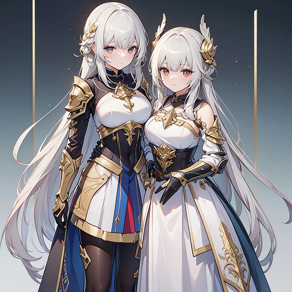 (((highest quality、first-class、masterpiece、Normal body、8k、Detailed face、Ultra-precision、Normal hand、Normal finger、5Finger、Highest)))、2people、beautiful girl、Adele&Alisha、Relatives and friends、Adele((Height: 163cm、Silver-haired semi-long、Beautiful Swordswoman、Japanese sword、Carrying a sword、A warm smile、Easygoing、Healing、Ridiculous Costumes))、Alisha((Height: 155cm、Long blonde、Beautiful Girl Gunner、gun、Magnum、holster、gun belt、cool、Calm、Smile、Sexy Costumes))、Stand side by side、partner、Dungeons、maze