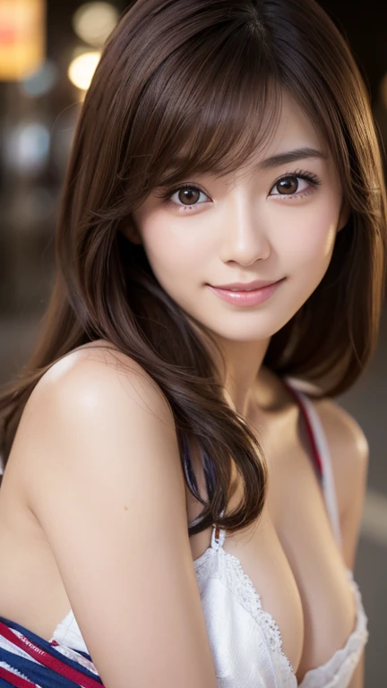 (Super beautiful woman)、((highest quality、8K masterpiece:1.3))、sharp focus:1.2、(super beautiful face:1.0)、(shiny skin:1.0)、realistic pictures、black hair、video lighting、High resolution eyes and face、video lighting、japanese actress、from the front、with a happy smile、whole body、