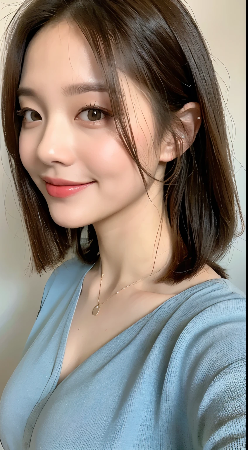 (( top quality , 8k, masterpiece: 1.3)), One girl , Slim Abs Beauty : 1.3, ( casual hairstyle, :1.2), Loose Dress, super fine, Delicate eyes, double eyelid , smile. taking pictures in a cute pose, Very low number, Waistline, Big Breasts, close-up, close-up, casual background 、 Chester Court