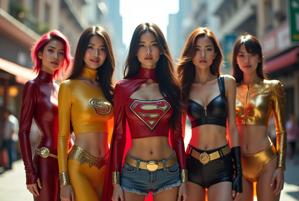 (Masterpiece:1.3), (8K, Photorealistic, RAW photo, Best quality: 1.4), (4 Girls:2.0), Dressed as Iron Man respectively，Spidey，The Flash，Batman's costume，The hair color is:，red colour，golden colored，blue colors，green color，Background daylight，The roof of a high-rise building，4 girls stand in a row，Model standing，thigh high，