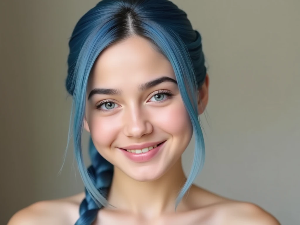 Little teen year old girl full body with very very flat chest and slim ish body, cute face,  blue hair, very blue eyes, female , braid, hair over shoulder, full body, with a very very thin body,  totally naked,  front view, smiling cheerfully with visible teeth, very thin girl, skinny girl,(toned arms:1.1)  Beautiful and detailed faces, totally naked,erotic,nude,sensual,adult content,explicit, with legs open and raised, Young girl, Natural detailled skin,natural lighting,soft film grain,30mm,cuteloli,Perfect hand,Detailed hand,source_real,30mm Amateur photo,nsfw,pron,kissing, african features, let your feet be seen, with a very fine face