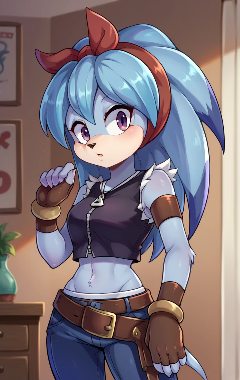 masterpiece, best quality, 1girl, solo, eyelashes, (beautiful eyes),   1girl, solo, medium breasts, zzRyouOuki, long hair, animal ears, dark skin, multicolored hair, blue hair, brown hair, yellow eyes, dark-skinned female, two-tone hair, spiked hair, very long hair, big hair, furry female,  smile, looking at viewer,   <lora:KuroEtnaCitronOCIXL:0.8>, choker, elbow gloves, black gloves, navel, black skirt, big belt, thighhighs, skindentation,cowboy shot, hand on hip, smug, smile, looking at viewer, shiny skin,<lora:TTitansStyleIXL:1.0>,  ,  <lora:RyouOukiIXL:1.0>,