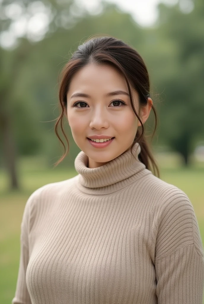(Outdoor portrait focusing from the upward), (1 woman), (Beautiful Japanese mature woman), (Facial features resembling those of a White woman:0.5), (Gorgeous and smile:1.5), (Big smile:1.3), (Confident posture with forward), (Plus size model), (Direct provocative gaze into the camera), (Wearing a simple beige turtleneck sweater), (Standing outdoors in a simple grassy park setting with a strongly blurred background), (Soft natural lighting), (Photorealistic rendering), (Extremely detailed and realistic facial and skin textures), (Shallow depth of field), (High resolution), (Masterpiece).