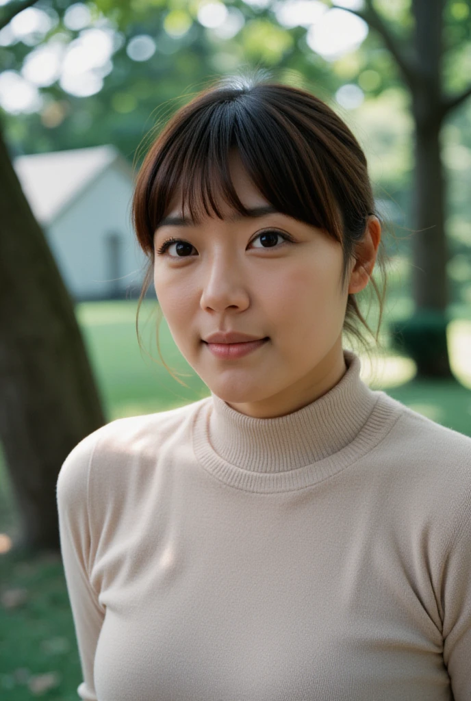 (Outdoor portrait focusing from the chest upward), (1 woman), (Beautiful Japanese mature woman), (Facial features resembling those of a White woman:0.5), (Gorgeous and erotic smile:1.5), (Big smile:1.3), (Confident posture with chest forward), (Plus size model), (Direct provocative gaze into the camera), (Wearing a simple beige turtleneck sweater), (Standing outdoors in a simple grassy park setting with a strongly blurred background), (Soft natural lighting), (Photorealistic rendering), (Extremely detailed and realistic facial and skin textures), (Shallow depth of field), (High resolution), (Masterpiece).  