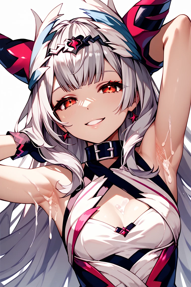  bust up angle　 Silver Hair　Red Eyes　 image of "Veyle"(from fire emblem: Engage) 　 small breasts　 my face is flushing 　Emphasize armpits　 half closed eyes 　 provocative smile　Cum on armpit