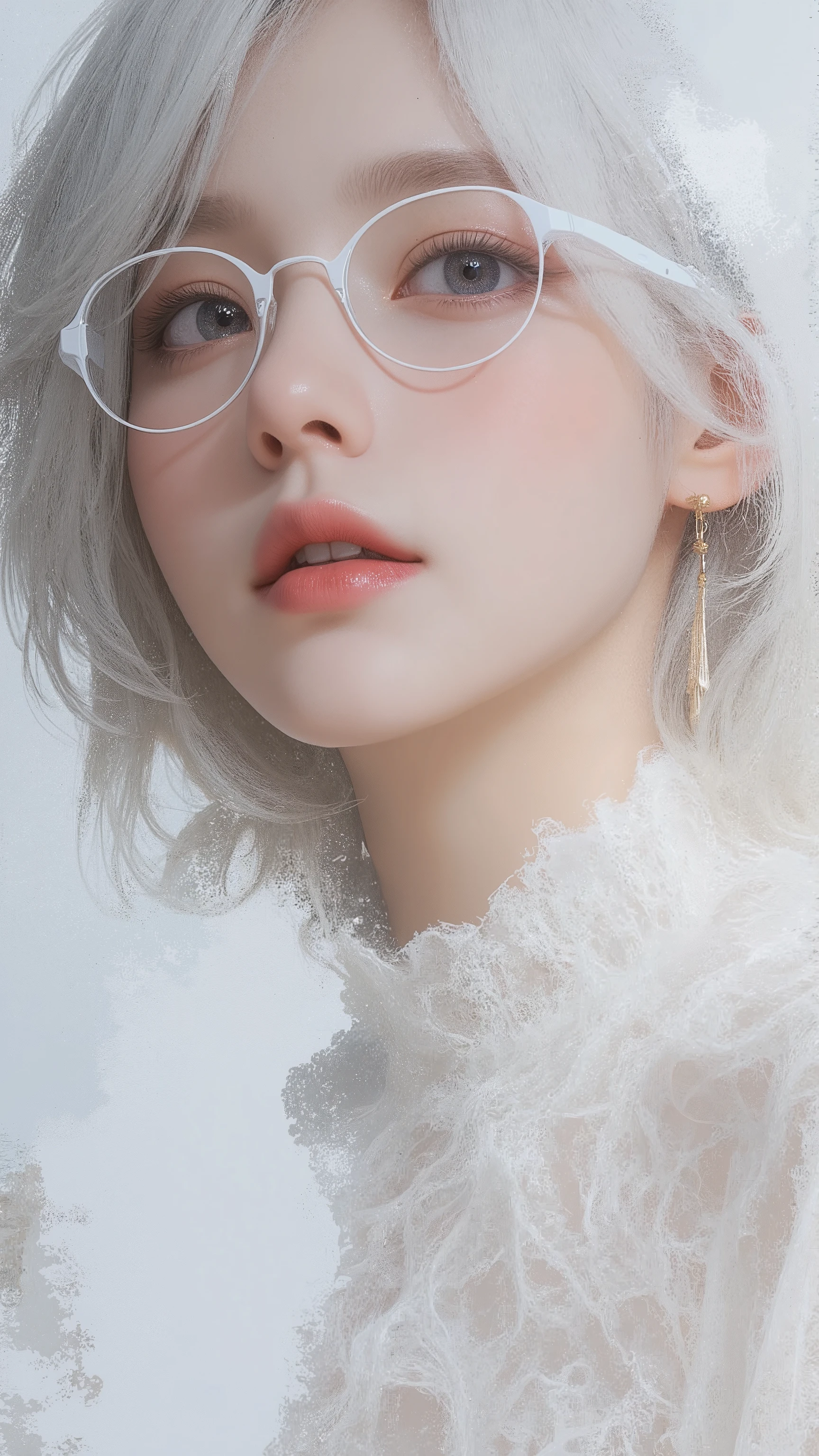 ((a close up of a woman's glasses and a white dress, realistic painting inspired by Jung Young-joon's work, cgs society contest winner, aestheticism, girl with short white hair, white glasses, white bang, girl with white hair, perfect gray-haired girl, glasses, gray-haired, white-haired, short-haired, Guways-style))
32K, (Masterpiece, HD, Hyper HD, 32K) Zaidink, Parve, Avant-Garde, Psychedelic, (Abstract Ink Splash: 1.2), (Realistically: 1.4), Loose Hair, background is pure and high resolution, detail, RAW photo, sharpie, stock photo of "Nicon D850 film." Jeffries Lee 4 Kodak portrait 400 camera F1.6 shots, rich colors, surreal vivid textures, dramatic lighting, Unreal Engine Art Station trends, Synestil 800, big curl, slim and model body type, abstract and artistic.