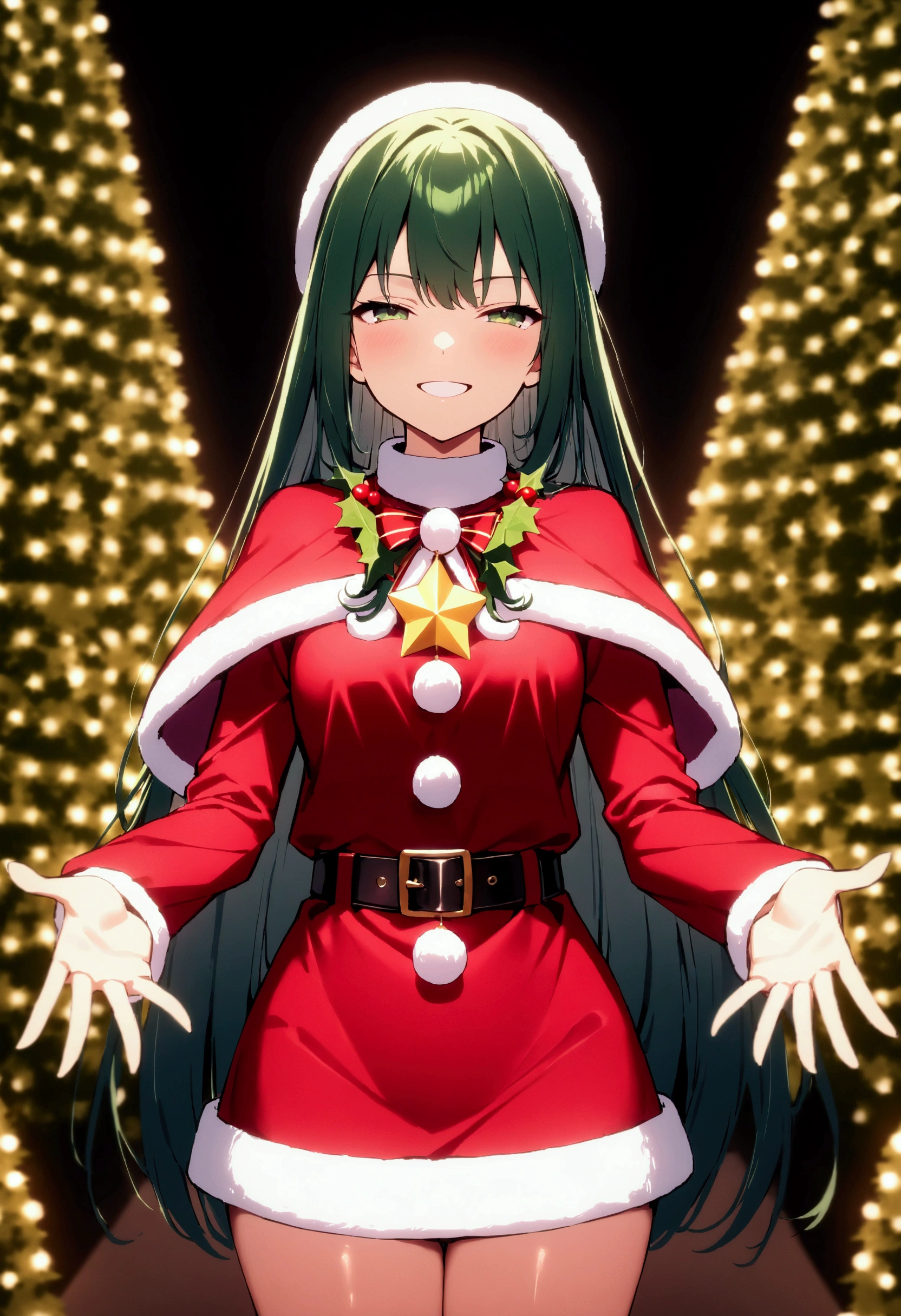 (masterpiece),(absurdres),(anime)、(santa costume:1.2)、( Christmas:1.1),cowboy shot,(solo lady),(20-year-old),(shiny dark green hair),(dark green eyes),(straight long hair),(()),(middle breast:0.8),(()),open hands, open arms、Miniskirt、 crewneck 、from front,serious,smile,teeth:0.8、( Christmasツリーがある背景:1.2),(colorful particul lighting:1.4)、Christmas light:1.2,half-closed eyes,back lighting:1.3,