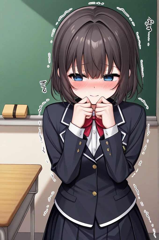 Beautiful anime-style girl who puts up with the urge to urinate and is shy、blush、 is shaking、classroom、、