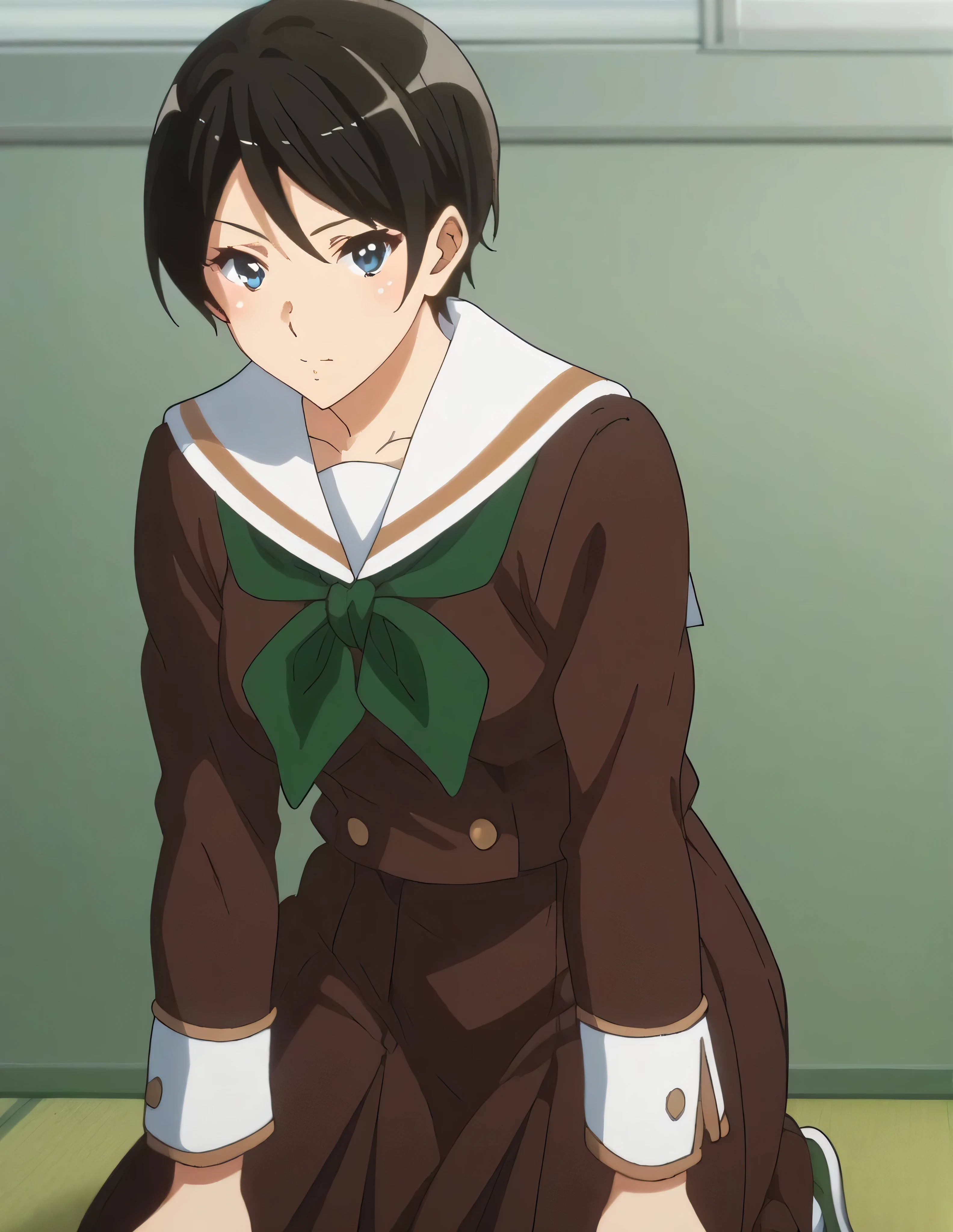 score_9, score_8_ up, score_7_ up, score_6_ up, score_5_ up,  Source_Anime, rating_safe, medium breasts, indoor, hospital,  One girl , Alone,  viewers, suzuki mirei ,  Shorthair, Eyebrow hair,  blue eyes,  school uniform, Sera Clothing, Brown uniform , White sailor collar,  green neckerchief,  Long Sleeve ,  white sleeve end ,  Brown Skirt ,  pleated skirt,  Black Knee High ,  loafers without pants, A little thick,judo player、judo、Inside the judo Gymnasium、On the tatami、discovery、whole body、rest、幼い頃judo家に育てられた. 