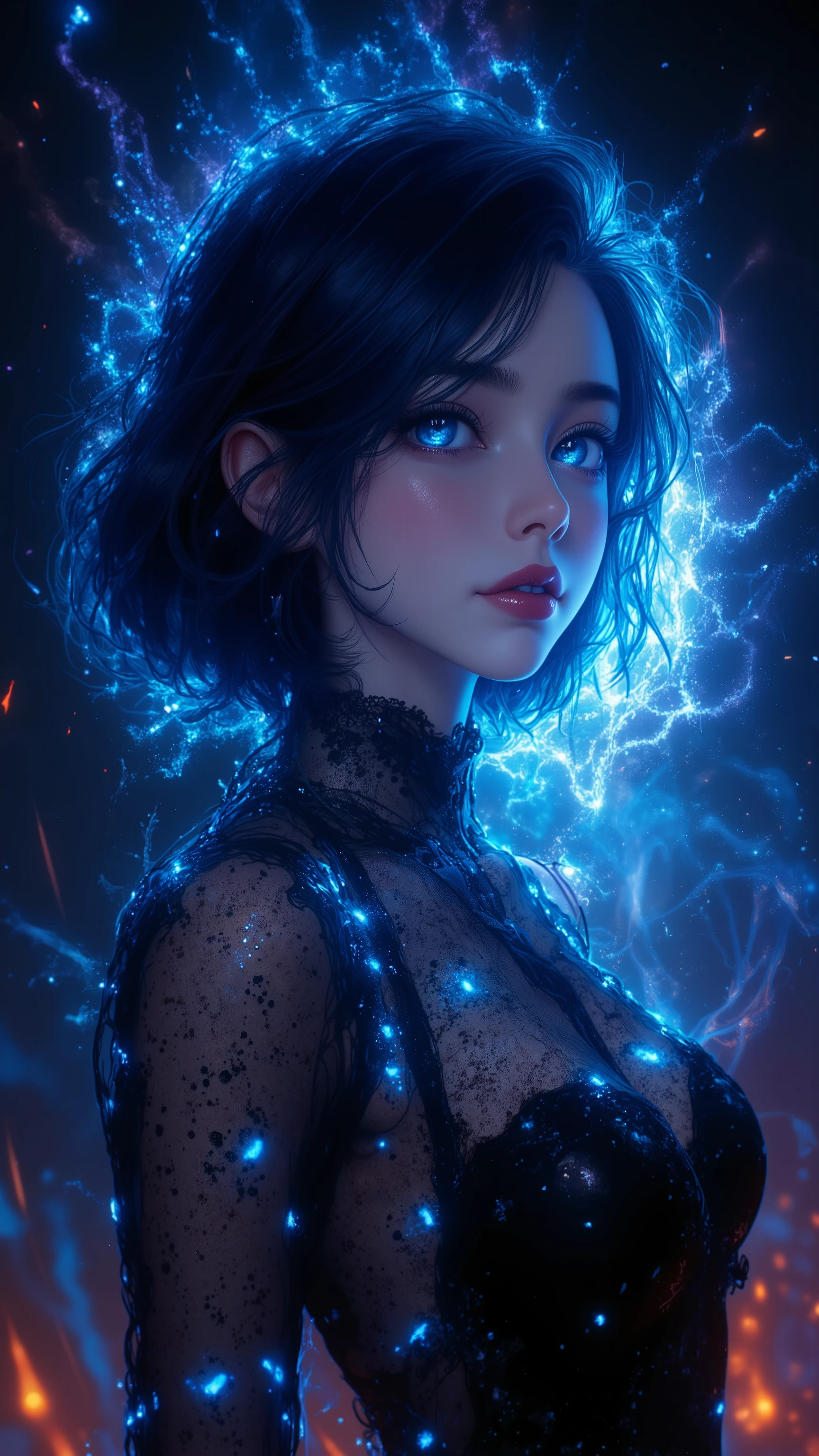 32K, (masterpiece, HD, HyperHD, 32K) (animated girl with glowing hair and blue eyes in a black dress, an animated girl with cosmic hair, digital art by Pixiv, digital animation art, detailed animation art, animated fantasy illustration, glowing and majestic, beautiful animated artwork, animated art wallpaper 4k, animated art wallpaper 4K, dream psychedelic animation, shiny magic glossy skin, animated abstract art, shiny black aura)
Zaidink, Parve, Avant-Garde, Psychedelic, (Abstract Ink Splash: 1.2), (Realistically: 1.4), Loose Hair, Background Pure and High Resolution, Detail, RAW Photo, Sharpie, Stock Photo by Nikon D850 Film Jeffries Lee 4 Kodak Portrait 400 Camera F1.6 Shots, Rich Colors, Surreal Vivid Textures, Dramatic Lighting, Unreal Engine Art Station Trends, Synestil 800, Big Curl, Slim and Model Body, Abstract and Artistic.