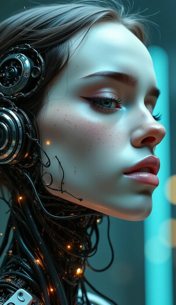 Raw photo, a cyborg android woman with her eyes closed, wires and cables connecting cables, wires and gears and nerves, very detailed, painting by Rembrandt and alphonse mucha, Trending on artstation, ultra realistic digital art