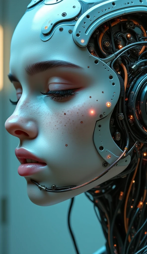 Raw photo, a cyborg android woman with her eyes closed, wires and cables connecting cables, wires and gears and nerves, very detailed, painting by Rembrandt and alphonse mucha, Trending on artstation, ultra realistic digital art