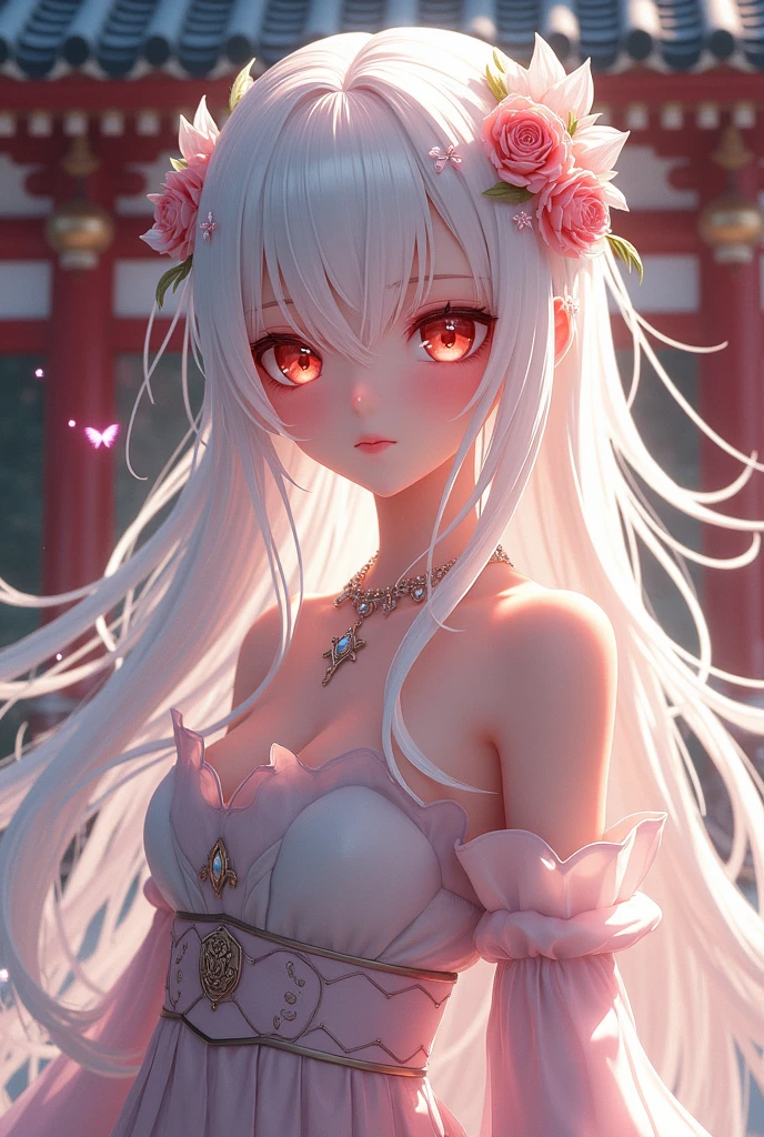 Beautiful girl. Long, straight, pure white hair, can have a soft light reflection. Eyes: Bright red, seems to shine with mystery and charm. Face: Beautiful, elegant, seems gentle and charming. Costume: Fairy style, can be light, airy costume, or classic design with sparkling details. Background: Dreamy, can be mythical or natural background, to highlight the character's sophistication. Complete appearance from head to toe. Appearance similar to the anime "Date a Live"