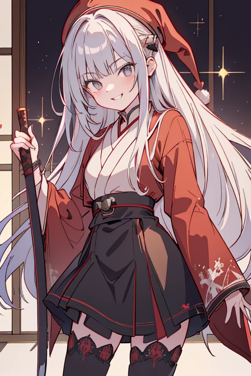 (from below:1.2),((1girl, silver hair, long hair, evil red eyes, crazy eyes, crazy smile:1.5, ), (santa clothes, santa hat, black tights, santa boots), (((holding ominous japanese sword ))), ((battlescene,slashilg,killing the mafia,blood splash)), (indoor, party room, christmas party), ((masterpiece:1.5)), ((best quality:1.5)), (ultra-detailed:1.5), (cinematic lighting, cinematic posing), (with sparkling eyes and a contagious smile),her thin pubic hair:1.2, looking at viewer