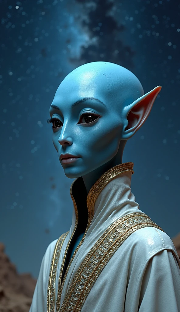 there is a blue alien with a slight smile and a rounded face, some geometric marks on the head, com corpo branco e rosto azul, Portrait of a humanoid alien, portrait of a slender elven man, Retrato do humanoide masculino, space alien race arcturian, olhos azuis cristalinos, brilhantes, elfo com pele azul,