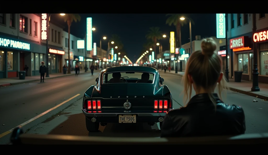 First-person perspective from  a park bench at night in Los Angeles, gazing out at a wide, bustling street. In the center of the scene, a vintage Ford Mustang is stopped, viewed from the side. Inside the car, a group of young, rebellious men with confident smirks and leather jackets are visible through the open windows. The car’s polished surface reflects neon lights from nearby signs, while the street is illuminated by headlights and the distant glow of the city. The gritty urban atmosphere is emphasized by faint graffiti, scattered trash, and the moody lighting of the scene