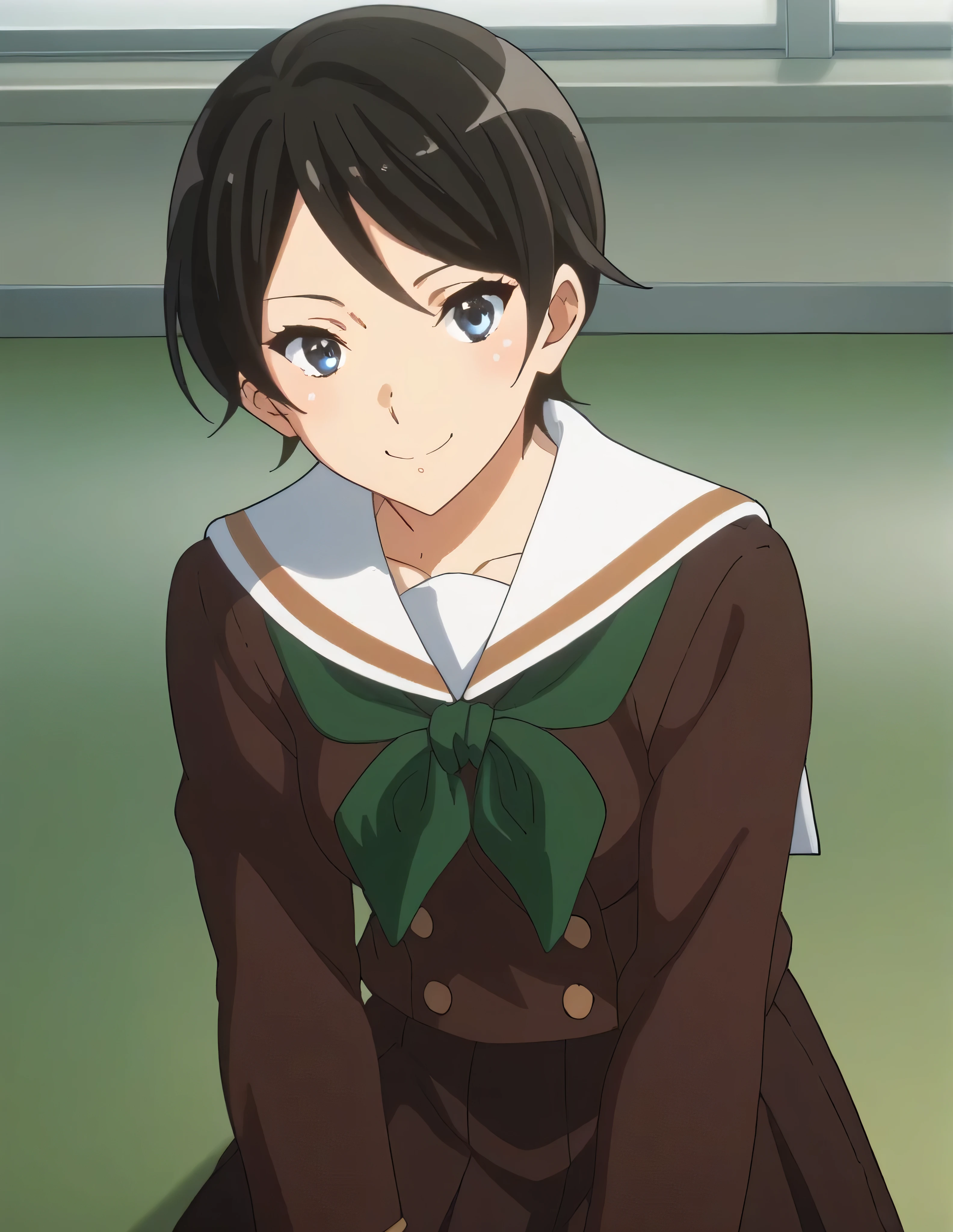 score_9, score_8_ up, score_7_ up, score_6_ up, score_5_ up,  Source_Anime, rating_safe, medium breasts, indoor, hospital,  One girl , Alone,  viewers, suzuki mirei ,  Shorthair, Eyebrow hair,  blue eyes,  school uniform, Sera Clothing, Brown uniform , White sailor collar,  green neckerchief,  Long Sleeve ,  white sleeve end ,  Brown Skirt ,  pleated skirt,  Black Knee High ,  loafers without pants,  sitting on a chair, smile, A little thick,judo player、judo、Inside the judo Gymnasium、On the tatami、discovery、whole body、rest、幼い頃judo家に育てられた. 