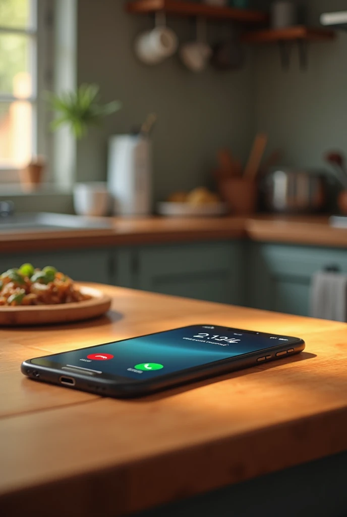 draw me a touchscreen phone that is lying on the kitchen table and someone is calling