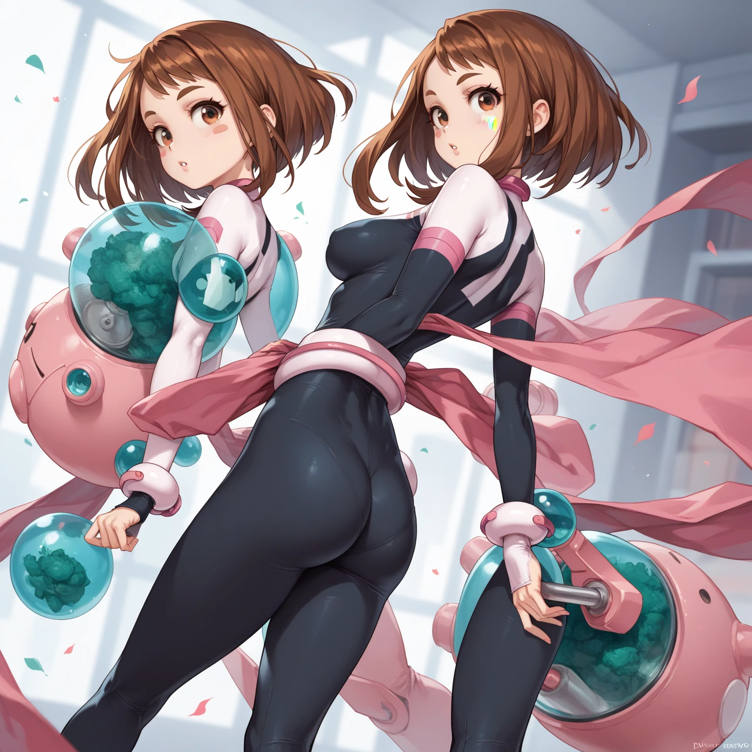 (side angle), ochako uraraka, brown eyes, brown hair, (aego)short hair, blush, blush stickers, bodysuit, skin tight, superhero, slender body, tiny waist. sexy body, sexy figure, slim legs, slim figure, sexy, tiny waist, desireable, tempting, lust, butt, back view, back, dos, fesses , yoga pants, poches arrières pantalon, bottes noires 