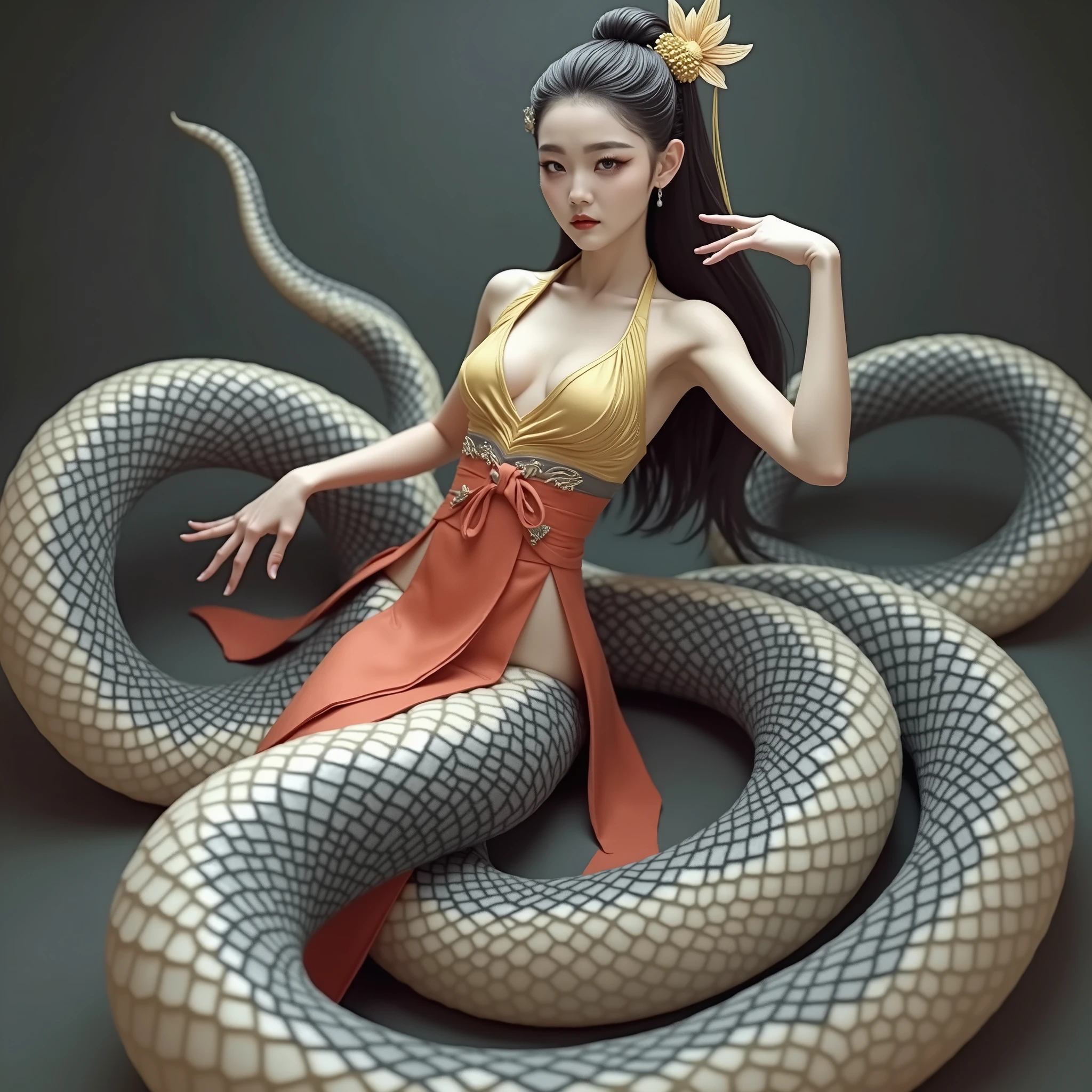(((Half snake, half human body))) best quality, Ultra-high resolution, 4K Detailed CG, masterpiece,Fu Xi, man, Black Hair, ((Half Man Half Charge)), Chinese Mythology, Chinese painting style, shui mo hua, thangka style, aesthetics, Beautiful images, Depth of Field, Focus on the canvas