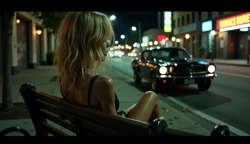 First-person view from the park bench, capturing a frail, drug-addicted young blonde woman sitting on the backrest with her feet on the seat. In the distance, on a wide, busy street in Los Angeles, a vintage Ford Mustang is stopped, seen from the side. Inside the car, a group of young, bad-boy guys with cocky expressions are visible through the open windows, their silhouettes highlighted by the neon glow from nearby signs. The street is lined with scattered trash and faint graffiti, with the faint buzz of nightlife adding a tense, gritty energy to the urban scene