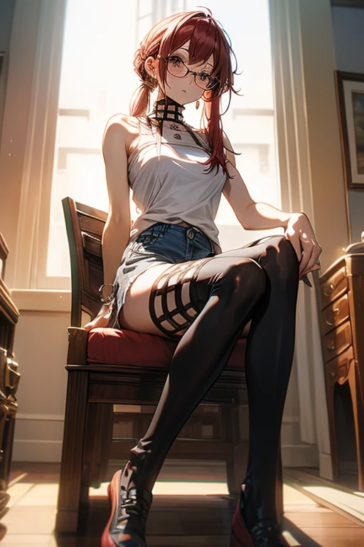 red haired woman dressed with socks, shorts and a tank top sitting in a chair, 1girl, indoors, solo, glasses, thighhighs, long hair, shorts, jewelry, white thighhighs