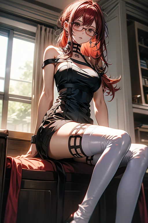 red haired woman dressed with socks, shorts and a tank top sitting in a chair, 1girl, indoors, solo, glasses, thighhighs, long hair, shorts, jewelry, white thighhighs