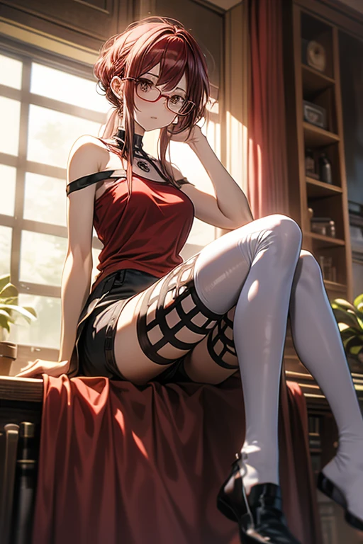 red haired woman dressed with socks, shorts and a tank top sitting in a chair, 1girl, indoors, solo, glasses, thighhighs, long hair, shorts, jewelry, white thighhighs