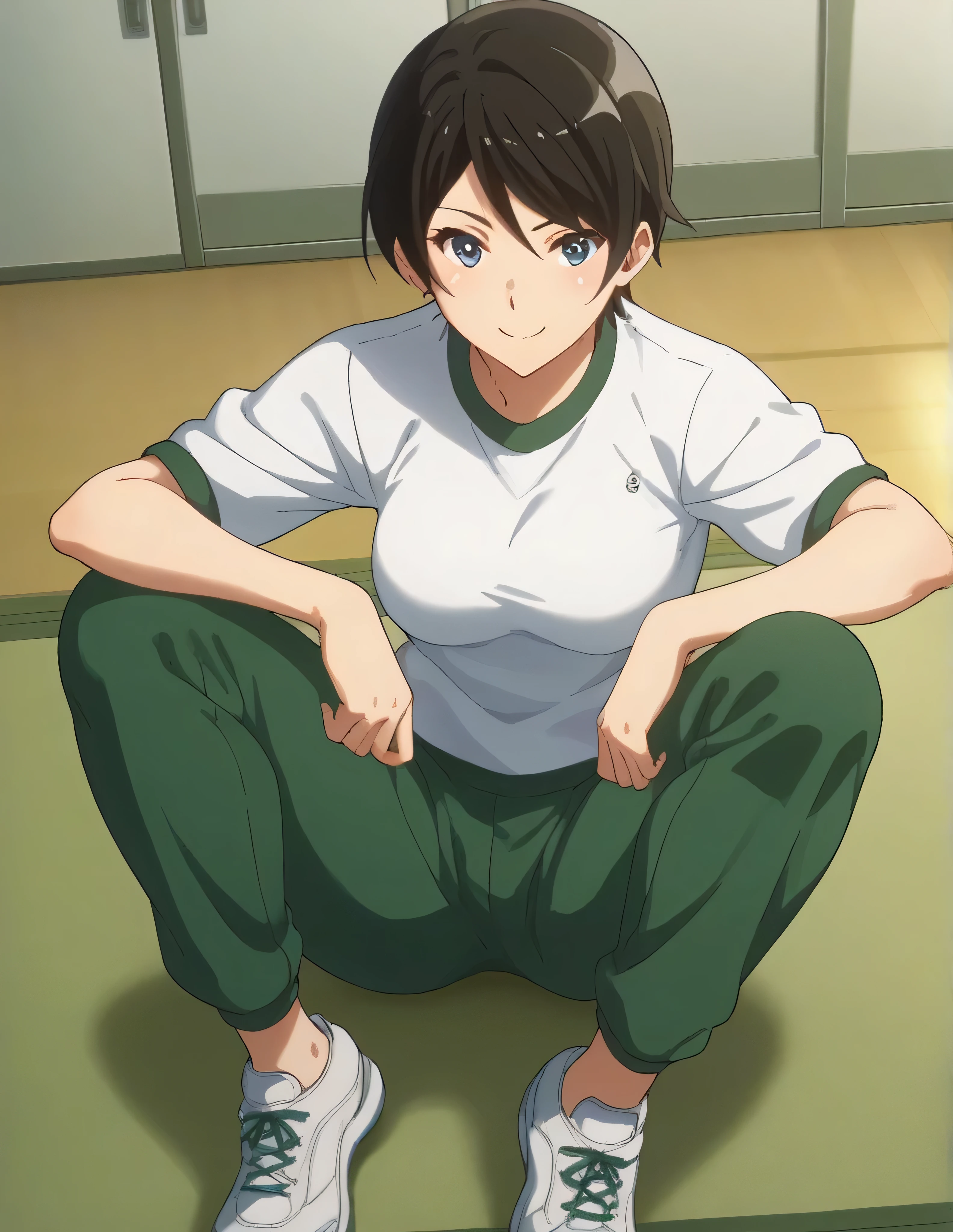 score_9, score_8_ up, score_7_ up, score_6_ up, score_5_ up,  Source_Anime, rating_safe, medium breasts, indoor, Gym,  One girl , Alone,  viewers, suzuki mirei ,  Shorthair, Eyebrow hair,  blue eyes, Gym uniform,  white shirt, Green trousers,  short shorts,  white knee-high ,  sneakers, smile,  dynamic pose, A little thick,judo player、judo、Inside the judo Gymnasium、On the tatami、discovery、whole body、rest、幼い頃judo家に育てられた. 