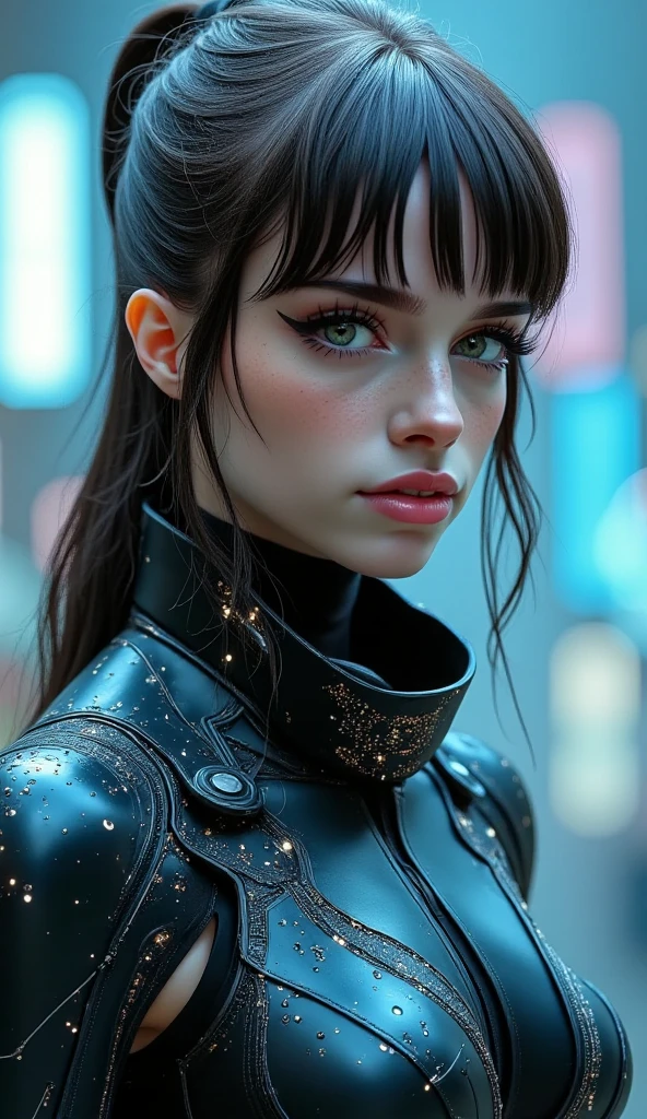 Big black eyes, aura, light brown wavy long hair, black and blue sci-fi armor, sci-fi style, high quality, atmosphere, war